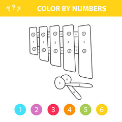 Coloring book for children. Musical instruments - xylophone. Color by numbers. Worksheet for education for kids