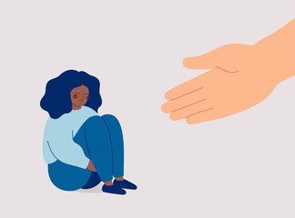 Human hand helps a sad black woman to get rid of anxiety. The counselor supports the African American girl with psychological problems. Mental health aids and medical help for people under depression - 501142163