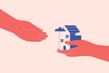 Fototapeta One hand gives to another hand small house. Provision of help and shelter to person in need. Concept of the safe place. Acquisition of ownership or rental of property. Vector concept obraz