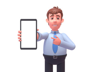 3d render of young businessman showing blank screen of smartphone