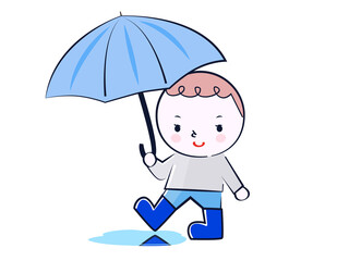 雨の日に傘をさす雨具姿の男の子