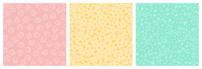 Vector seamless pattern set with hand drawn bubbles and ice cubes randomly placed on bright background. Simple funny repeatable backdrops.
