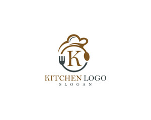 Abstract letter K kitchen, restaurant logo design, spoon and fork icon, Letter K logo design