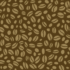 Coffee beans seamless pattern. Hand drawn beige color seeds of coffee randomly placed on brown background.