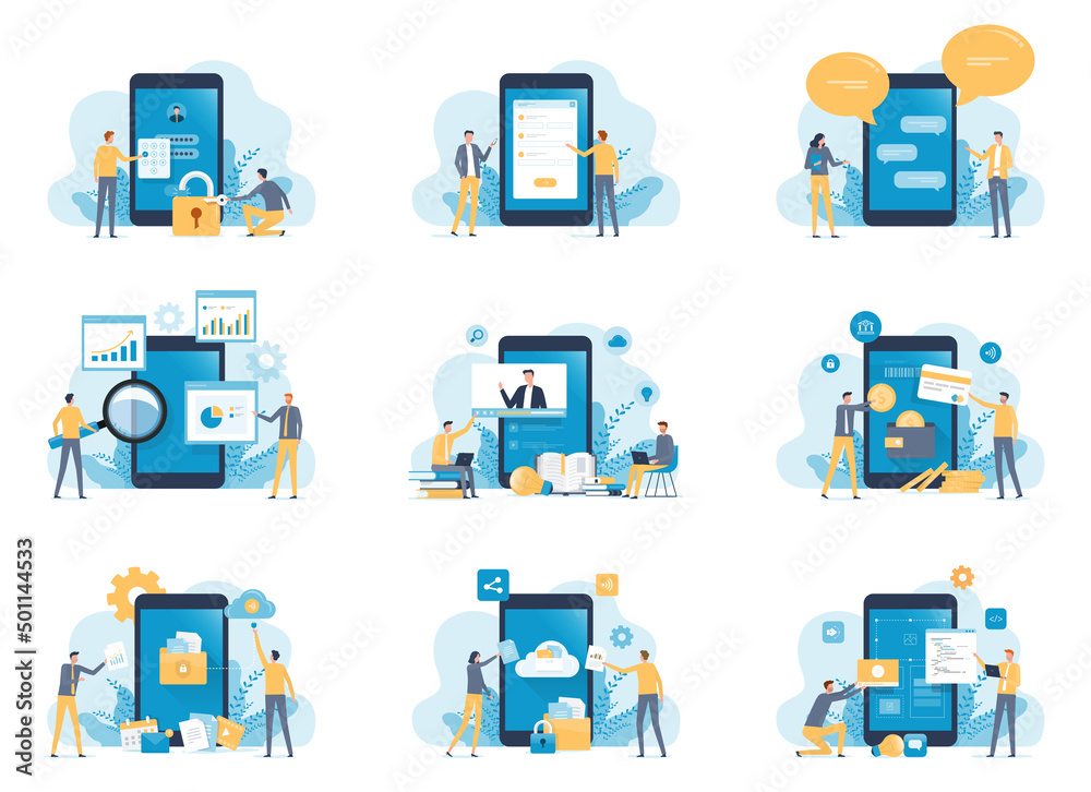 Poster set of vector business illustration design web landing page banner concept. business people working 