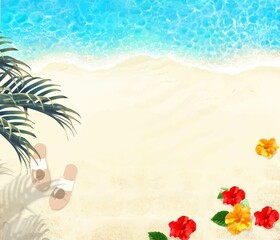 Fototapeta na wymiar 上から見た夏の砂浜とエメラルドグリーンの海の波打ち際サンダルと足跡ーハイビスカスとヤシの背景素材 