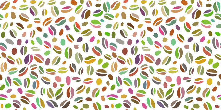 Coffee beans seamless pattern. Hand drawn colorful seeds of coffee randomly placed on transparent background.