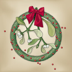 Christmas wreath illustration with sprig of mistletoe, red bow, evergreen leaves and red berries on a beige parchment background
