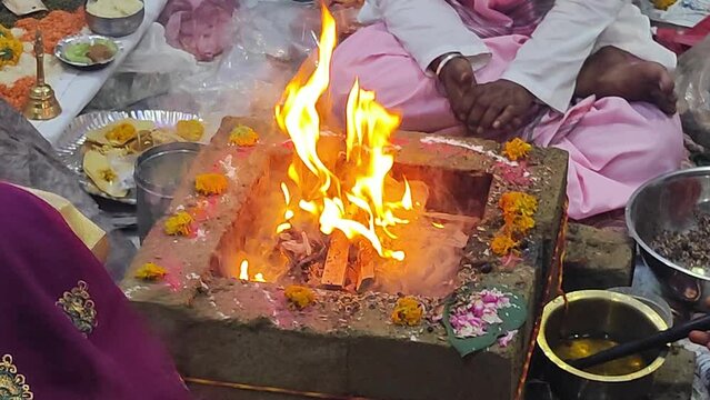 Ritual flame burning during Hindu new house construction ritual