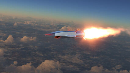 Fototapeta na wymiar Hypersonic rocket flies above the clouds