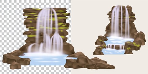 Mountain waterfall set in flat stle. Nature landscape, outdoor scene design element, realistic river cascade, fast water stream and pile of stones isolated vector illustrations.