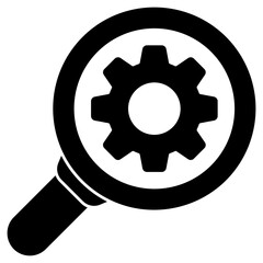 Gear under magnifying glass, icon of search setting