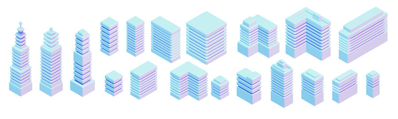 3d isometric high-rise buildings. The set is isolated on a white background. Elements of urban infrastructure, landscape, environment. Icon set, objects for map, games. - obrazy, fototapety, plakaty