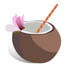 Fresh coconut chopped with straw and flower decor. Coconut juice. Isolated on white background