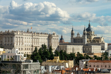 Fototapeta na wymiar View of the Palacio Real (Royal Palace) and the Almudena Cathedral in Madird, Spain