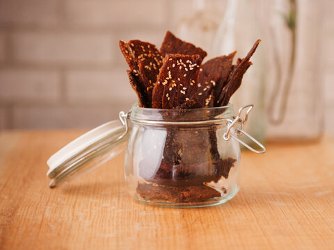 Gourmet beef jerky in a Mason jar