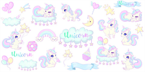 Cute unicorn set. Illustration of sweets, rainbow, frame, balloon, star and magic fantasy design with white background.
