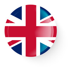Round UK flag. Pin button. Pin brooch icon, sticker.