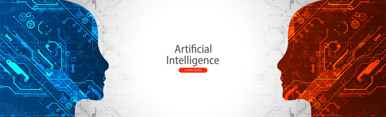 Artificial Intelligence. Technical background with a silhouette of a man. Big data concept. Machine cyber mind.