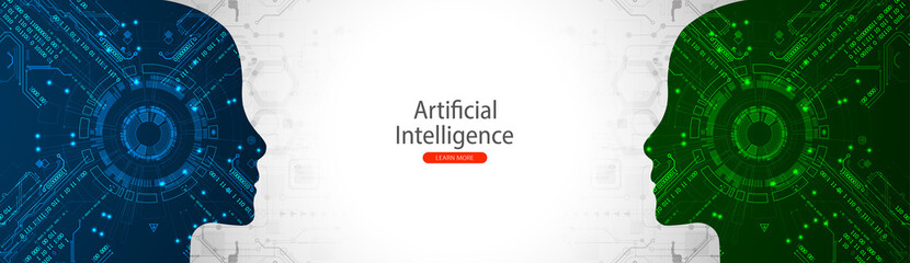 Artificial Intelligence. Technical background with a silhouette of a man. Big data concept. Machine cyber mind.