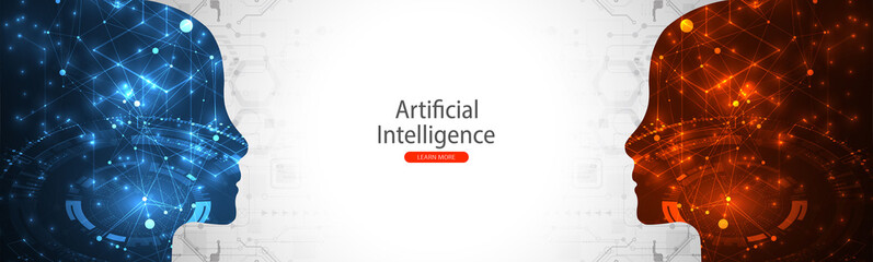 Artificial Intelligence. Technical background with a silhouette of a man. Big data concept. Machine cyber mind.