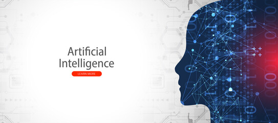 Artificial Intelligence. Technical background with a silhouette of a man. Big data concept. Machine cyber mind.