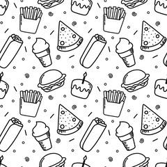 Doodle fast food vector seamless pattern: burger, french fries, ice cream, pizza, burrito, cake; black and white background