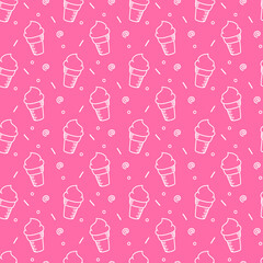 Doodle cute ice cream vector seamless pattern, cute ice cream on pink background