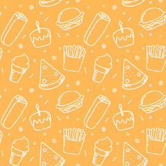Doodle fast food vector seamless pattern: burger, french fries, ice cream, pizza, burrito, cake on orange background