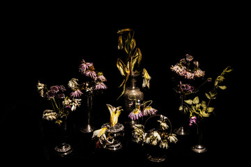 Still life of dead flowers in vintage vases, two weeks after their prime.  Faded colour on a black background.