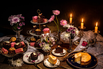 Cake Heaven - an array of sweet treats, presented on vintage and antique tableware.