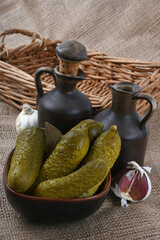 close up of the pickled cucumber rural on hessian
