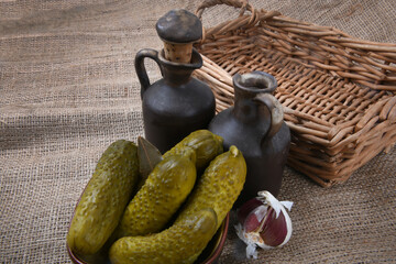 close up of the pickled cucumber cherking rural on hessian