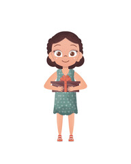 Cute little girl holding a gift box with a bow in her hands. Isolated on white background. Flat style.