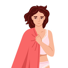 Tired exhausted woman holding blanket, suffering from insomnia, drowsiness. Sleepy hand drawn character. Low energy. Vector flat isolated illustration