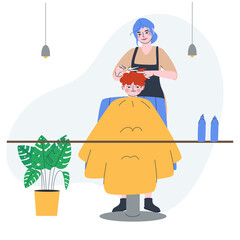 Child getting a haircut in a beauty salon. The master hairdresser cuts the boy's hair. Flat vector illustration. Eps10