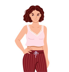 Woman, wearing pajamas. Young girl in home clothes. Hand drawn character. Flat vector illustration
