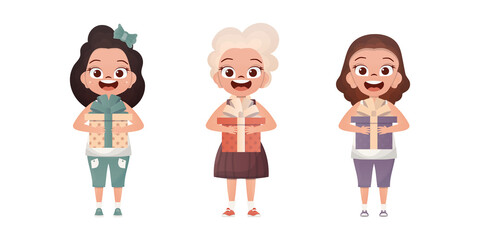 A set of little girls are holding a gift in their hands. Isolated. Cartoon style.