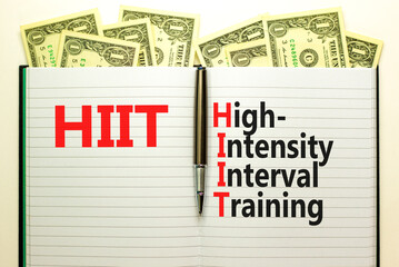 HIIT high-intensity interval training symbol. Concept words HIIT high-intensity interval training on book on a beautiful white background. HIIT high-intensity interval training concept. Copy space.