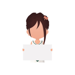 Little child girl holding a blank poster in her hands. Isolated. Flat style.