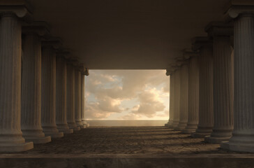 3d rendering of a wide hall with ionic columns and view to beautiful sea