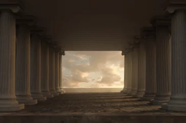 Fotobehang 3d rendering of a wide hall with ionic columns and view to beautiful sea © Brilliant Eye