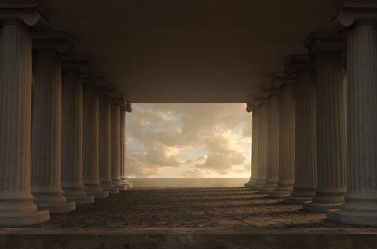 3d rendering of a wide hall with ionic columns and view to beautiful sea
