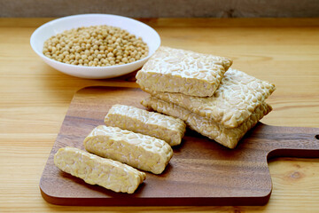 Tempeh or tempe made from fermented soybeans, a source of high plant-based protein and fiber