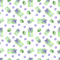 Watercolor seamless pattern for birthday. On a white background. Balloons, surprise, gift, show, children's party, new year, congratulations. Design for postcards, wrapping paper, invitations.