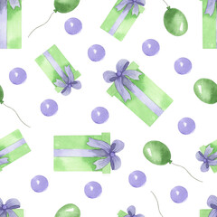 Watercolor seamless pattern for birthday. On a white background. Balloons, surprise, gift, show, children's party, new year, congratulations. Design for postcards, wrapping paper, invitations.