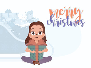 A cute little girl is holding a gift box in her hands. Merry christmas postcard. Cartoon style.