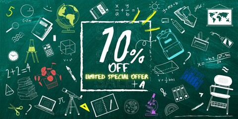 10% off limited special offer. Banner with ten percent discount on a gren background with white square