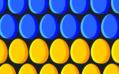 Yellow and blue eggs on a black background. Horizontal cute poster in modern design. Vector.