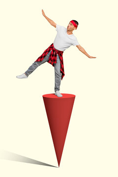 Retro artwork poster of scared guy balance cone figure work career risk challenge concept isolated colorful background